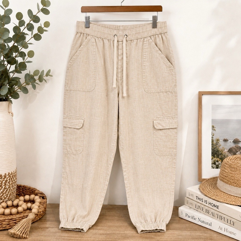 Nicole Miller New York 100% Linen Cargo Jogger Pants Women's Large Oatmeal